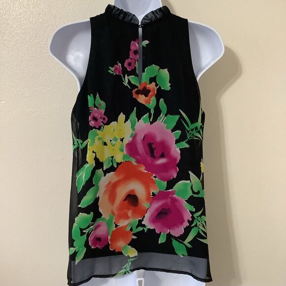 Chenault Black Floral Cottagecore Summer Ruffle Collar Artsy Flowy Top PS - Picture 7 of 11